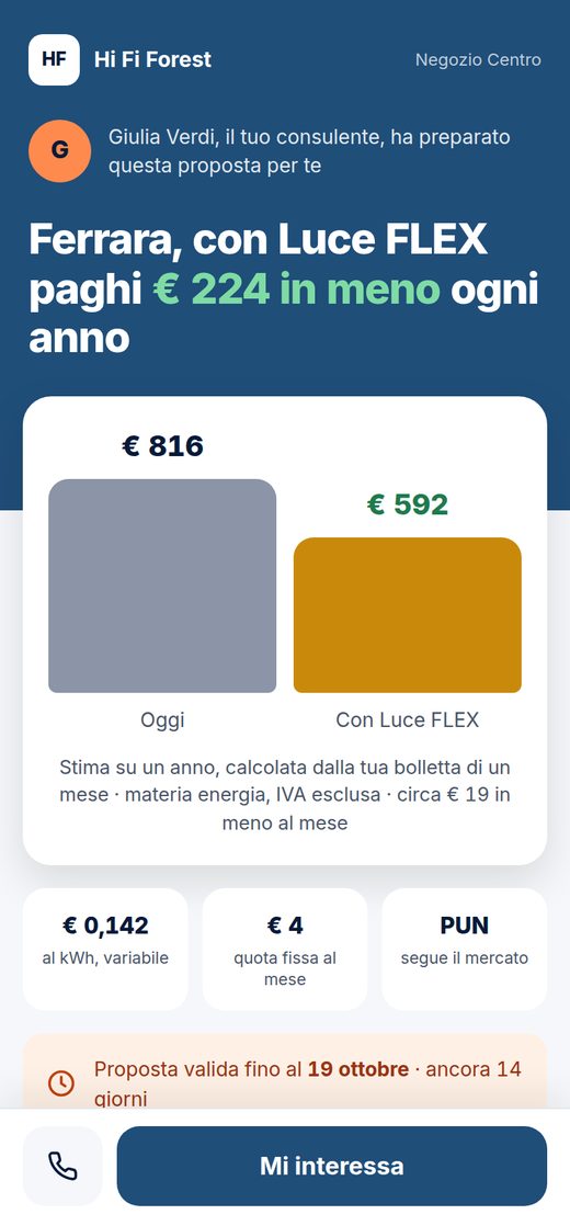 Pagina del preventivo vista dal cliente su telefono